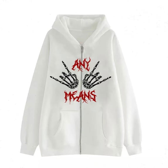 Skull Print Hoodie Gothic Harajuku Style Sweatshirt Unisex Oversized Casual Punk Zip-Up Hoodie