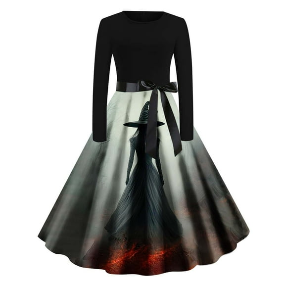 Skull Print Vintage Dress for Women Long Sleeve Gothic Halloween Dress A Line Retro Party Swing Dresses