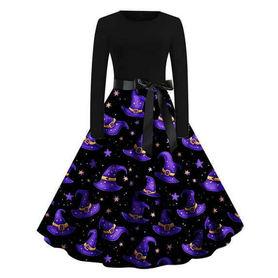 Skull Print Vintage Dress for Women Long Sleeve Gothic Halloween Dress A Line Retro Party Swing Dresses