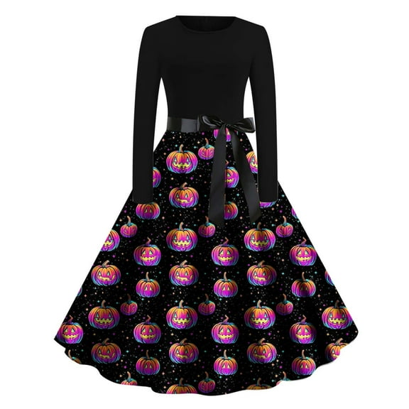 Skull Print Vintage Dress for Women Long Sleeve Gothic Halloween Dress A Line Retro Party Swing Dresses