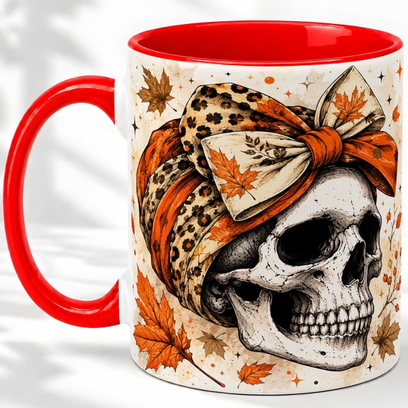 Skull Pumpkin Bow Accent Mug, 11oz Ceramic Coffee Cup for Gothic Fans
