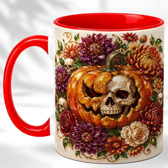 Skull Pumpkin Coffee Mug, Floral Halloween Mug, Ceramic 11 oz