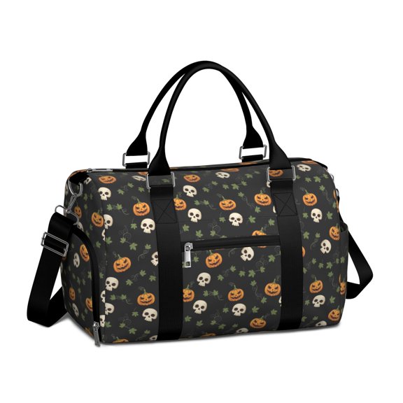 Skull Pumpkin Halloween Pattern Gym Bag with Shoe Compartment, Sports Bag with Wet Pocket and Trolley Sleeve, Water Resistant Gifts Ideas for Family Friends,17.3 X 11.8 X 7.5 Inches