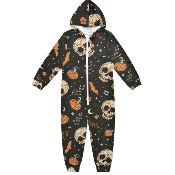 Skull Pumpkin Moon Boys & Girls Hooded One-Piece Pajamas Warm Crystal velvet Hooded Long Sleeve Loungewear Jumpsuit Unisex