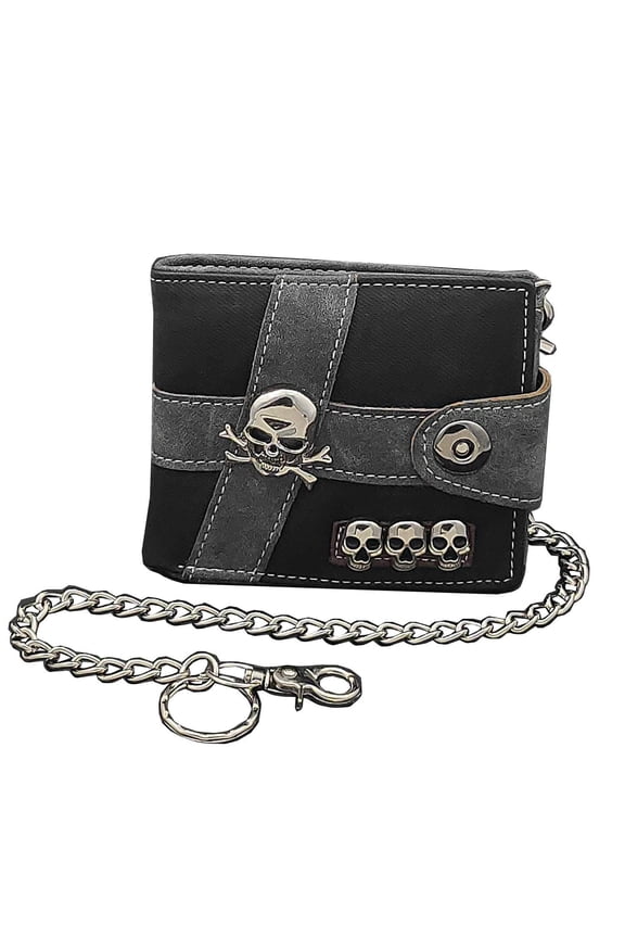 Skull Punk Biker Casual Hasp Wallet Motorcycle Bifold Purse With Chain For Men Or Boy