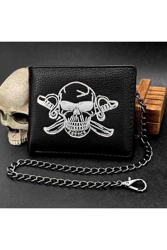 Skull Punk Mens Purse Card Holder Bifold Wallet with Chain