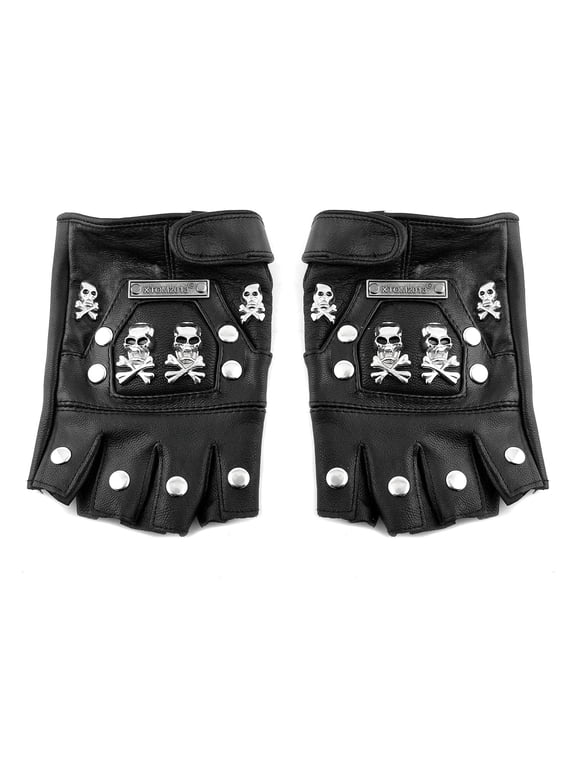Skull Punk Rock Biker Black Leather Gloves Metal Chain Fingerless Gloves Men Women Uniesex