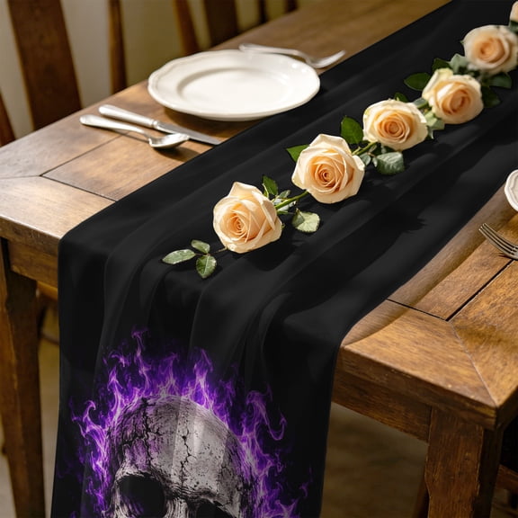 Skull Purple Fire 4.5 ft Cheesecloth Table Runner for Wedding 19"x55", Mysterious Spooky Skeletons Black Kitchen Dinner Sheer Tulle Chiffon Dresser Scarf, Holiday Party Decorations