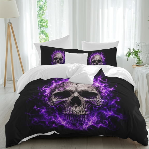 Skull Purple Fire California King Duvet Cover Set, Mysterious Spooky Skeletons Black 4 Piece Soft Cozy Comforter Cover Bedding Set with Zipper, 1 Duvet Cover, 1 Flat Sheet, 2 Pillowcase