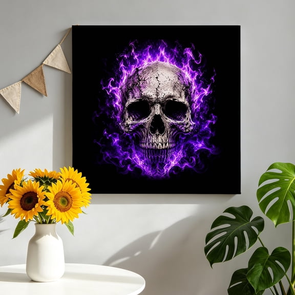 Skull Purple Fire Canvas Wall Art, Mysterious Spooky Skeletons Black Pictures Wall Decor Wooden Framed Artwork Art Prints for Living Room Hallway Bedroom Office 8"x8"