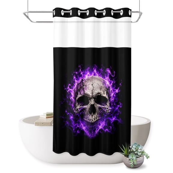 Skull Purple Fire No Hook Shower Curtain Mysterious Spooky Skeletons Black Shower Curtain with See Through Top Window, Waterproof Washable Fabric Curtain for Bathroom Hotel Decor, 36Wx72L