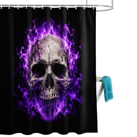 Skull Purple Fire Shower Curtain, Mysterious Spooky Skeletons Black Waterproof Shower Curtain Set with 12 Hooks Lightweight Bath Curtains Fabric Bathroom Decor 36x72 Inches