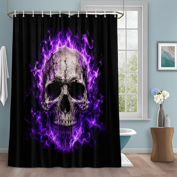 Skull Purple Fire Shower Curtain Set with Hooks, Mysterious Spooky Skeletons Black Water Repellent Sturdy Shower Curtains for Bathroom Decoration, Machine Washable 36x72 Inch