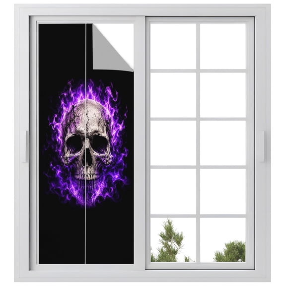 Skull Purple Fire Window Privacy Film Mysterious Spooky Skeletons Black Decorative Glass Window Film UV Blocking Static Cling Non-Adhesive Sticker Covering for Home Door 23.6 x 59 inches