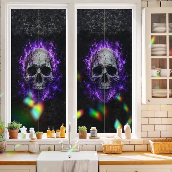 Skull Purple Fire Window Privacy Film Mysterious Spooky Skeletons Black Static Cling Stained Glass Window Film Non-Adhesive Decorative Decals Rainbow Sticker 17.7"X39.3"