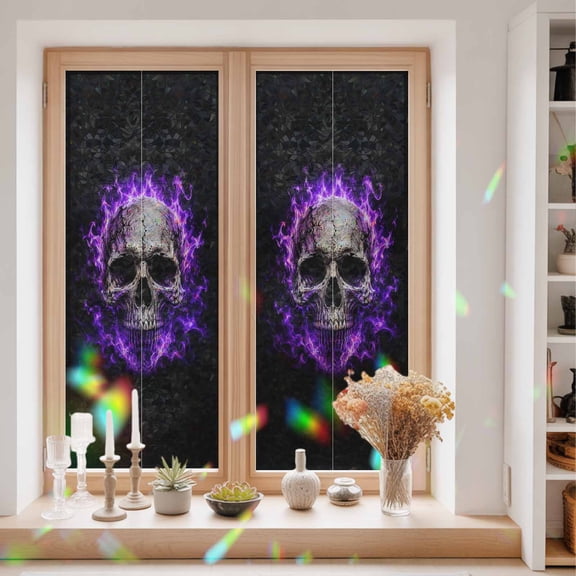 Skull Purple Fire Window Privacy Film Mysterious Spooky Skeletons Black Static Cling Stained Glass Window Film Non-Adhesive Decorative Decals Rainbow Sticker 23.6"X59"