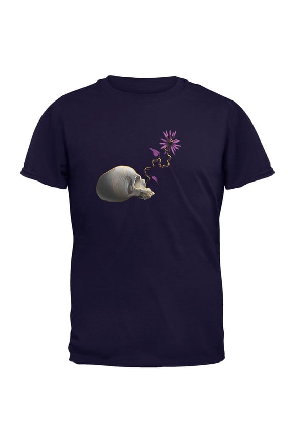 Skull Purple Flower Navy Adult T-Shirt - Small