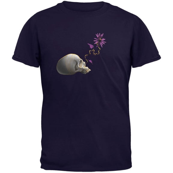 Skull Purple Flower Navy Adult T-Shirt - X-Large