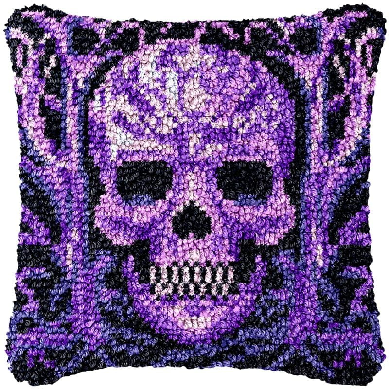 Skull Purple Scary Latch Hook Pillow Cover Kits for DIY Handmade Throw Pillow Cross Stitch Latch Hook Pillowcase Rug Kits with Preprinted Color Pattern Canvas Crochet Yarn Kits 17''X 17''(ch39)