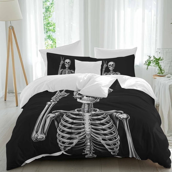 Skull Queen Size Comforter Set, Vintage Abstract Rock and Roll Skeleton Hand Peace Gesture Bedding for All Seasons, 4 Pcs Bed Set, 1Quiltcover (90"x92") ,1Sheet(94"x116"), 2Pillowcases (30"x20")