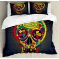 thumbnail image 1 of Skull Queen Size Duvet Cover Set, Artistic Colorful Hand Drawn Skull Illustration with Abstract Flowers Creative Motifs, Decorative 3 Piece Bedding Set with 2 Pillow Shams, Multicolor, by Ambesonne, 1 of 3