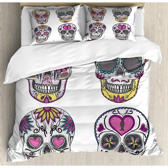 Skull Queen Size Duvet Cover Set, Colorful Ornate Mexican Sugar Skull Set with Flower and Heart Pattern Calavera Humor, Decorative 3 Piece Bedding Set with 2 Pillow Shams, Multicolor, by Ambesonne