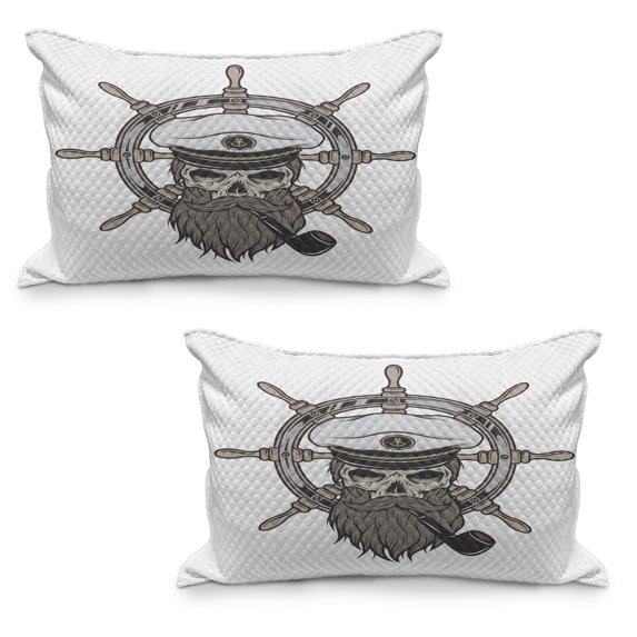 Skull Quilted Pillowcover Set of 2, Captain Pirate in Sailor Hat Beard and Nautical Theme Print Nautical, Standard Queen Size Pillow Cover for Bedroom, 30" x 20", White Brown Grey, by Ambesonne