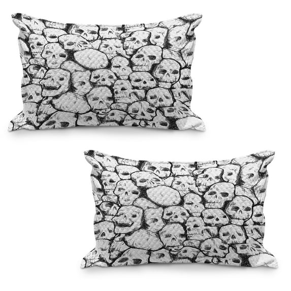 Skull Quilted Pillowcover Set of 2, Conjoined Head Motifs Spooky Fossils Motley Dark Sketchy Art Print, Standard Queen Size Pillow Cover for Bedroom, 30" x 20", White Black, by Ambesonne