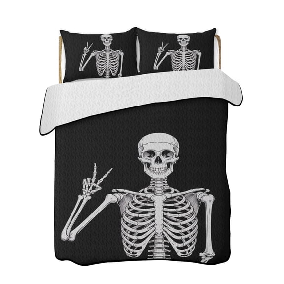 Skull Quilts Bedding Set Queen Size Abstract Funny Black Skeleton Boho Hippie Gesture Black Background Lightweight Quilted Bedspread 3 Piece Bed Quilt with 2 Pillow Shams for Bedroom 78" x 90"