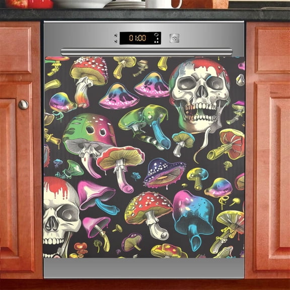 Skull Rainbow Mushrooms Dishwasher Magnetic Refrigerator Magnet Cover Kitchen Art Panel Decal Sticker Home Decorative 23"x26"
