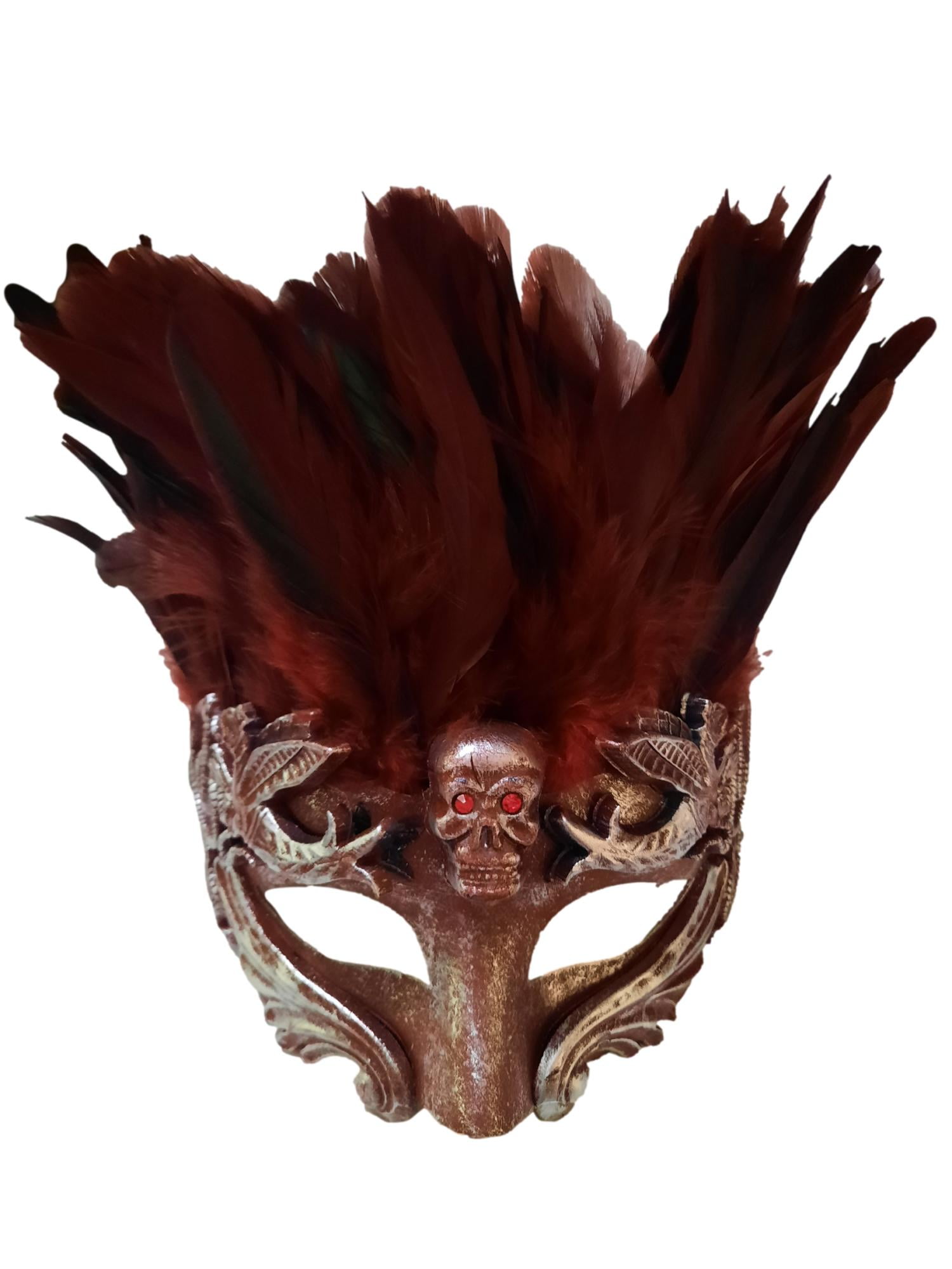Skull Red Feather Masquerade Mardi Gras Men's Mask, image size:1500x2000