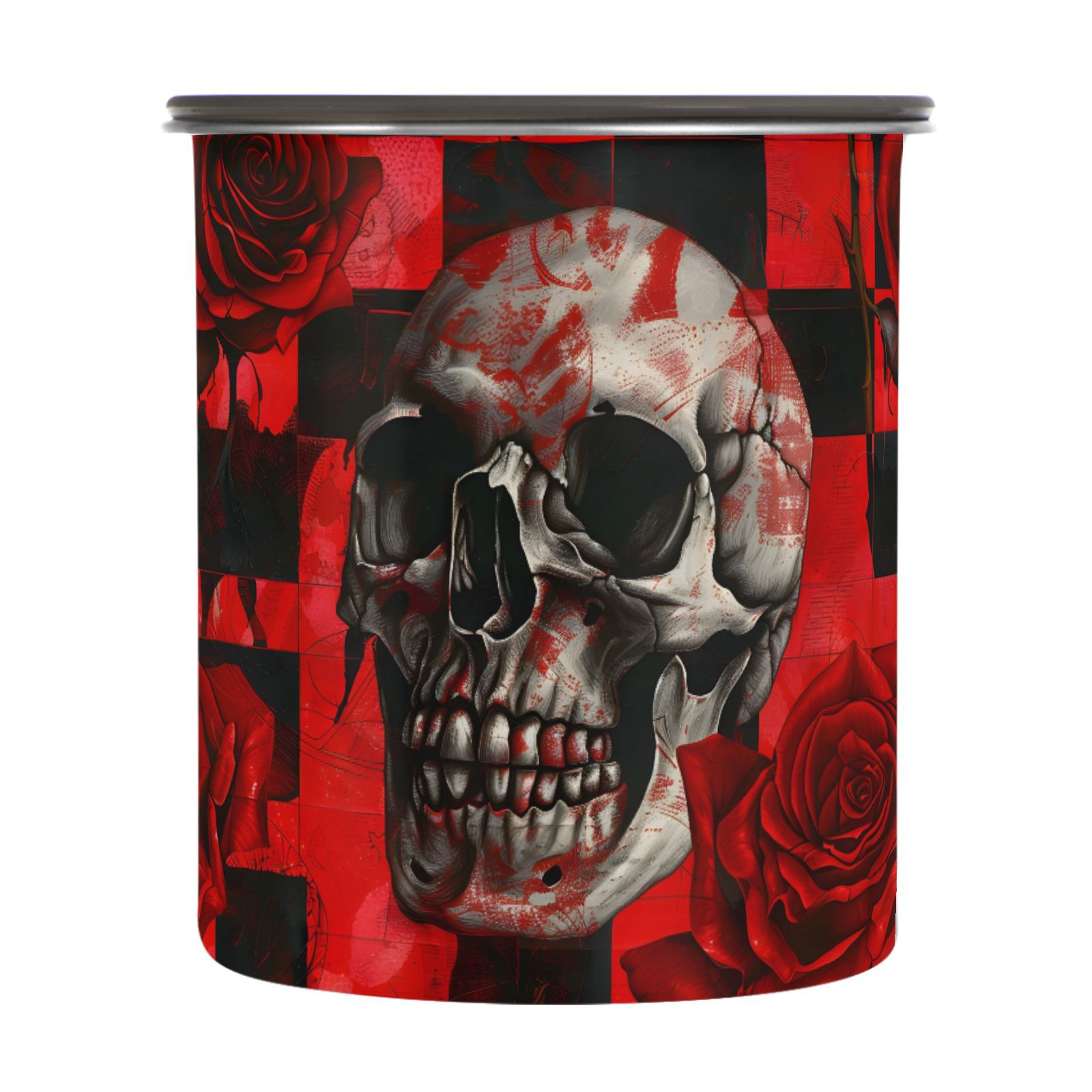 Skull Red Rose Flower Airtight Coffee Bean Canister 30oz Food Storage Containers with Lids For Gournd, Tea, Sugar, Flour, Rice, Cereal, Candy Cookie Jar