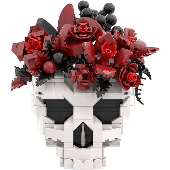Skull Red Roses Building Blocks Set, Gothic Dark Romance Halloween Decor Gift, Flower MOC Bricks Toy Kit 510pcs