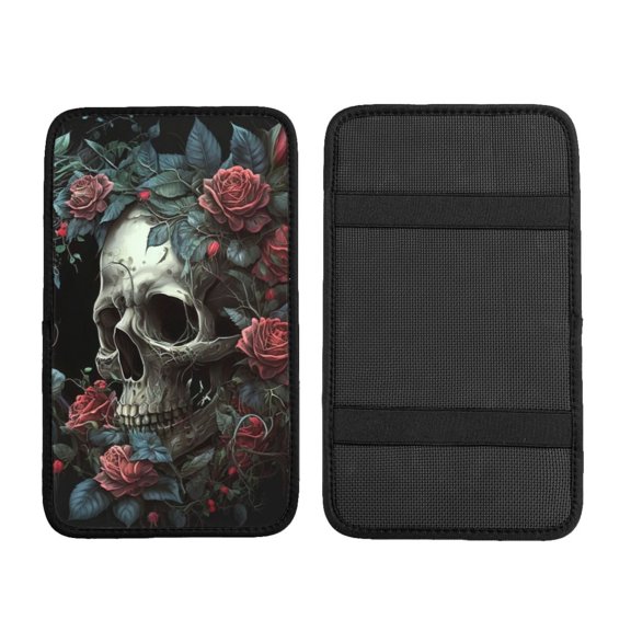 Skull Red Roses Cool Car Armrest Cover Center Console Pad - Neoprene Cushion with Elastic Straps Universal Fit for Vehicles SUV