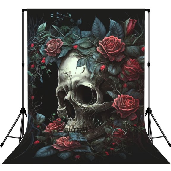 Skull Red Roses Cool Photography Backdrop 5x7Ft Background for Photo Studio Video Recording Birthday Party Wedding Home Decor