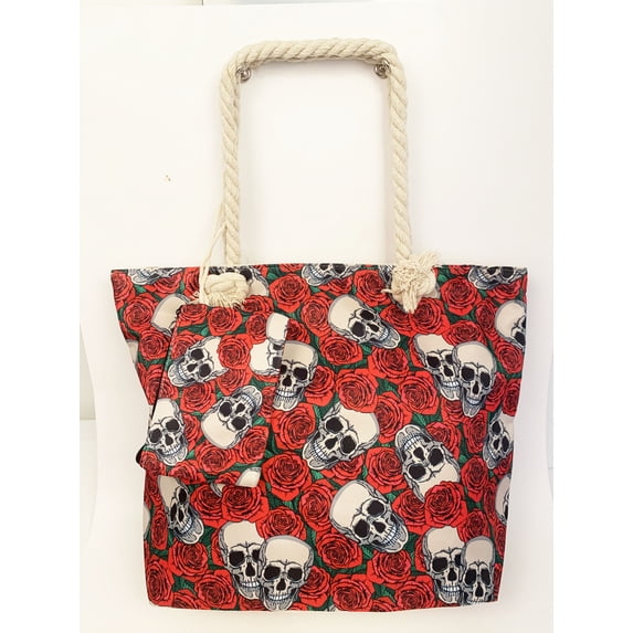Skull Red Roses Tote Coin Purse SET Shopping Bag