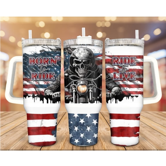 Skull Rider Motorcycle Tumbler, Patriotic 40oz Stainless Steel Cup