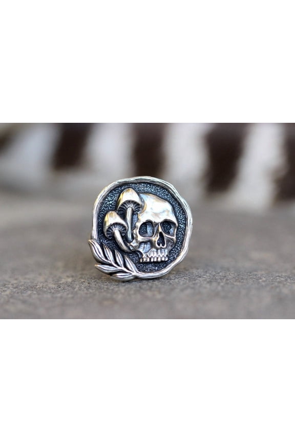 Skull Ring Mushroom Ring Sterling Silver Skull Ring Witch Ring Mushroom Ring
