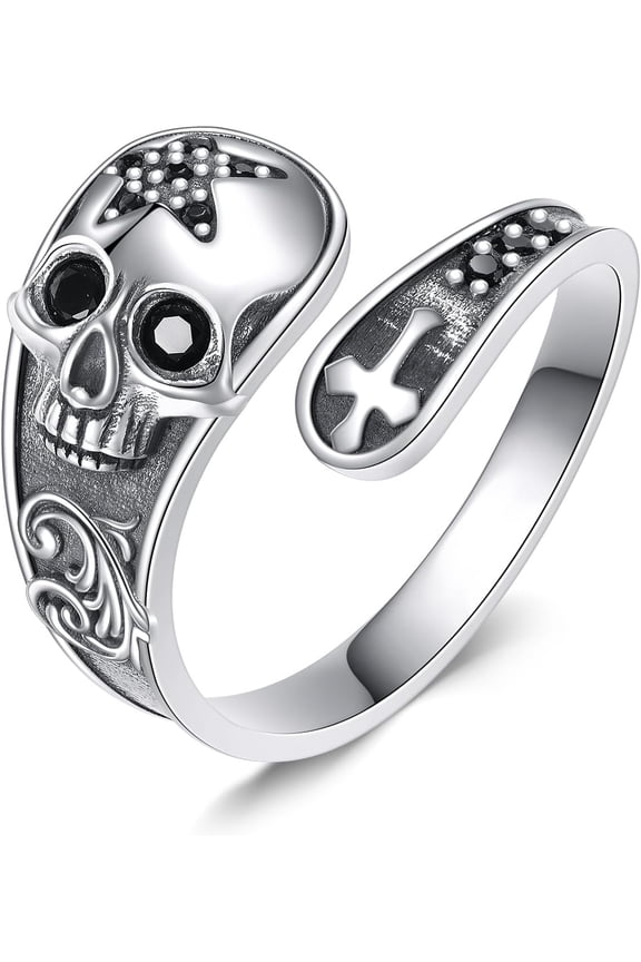 Skull Ring Sterling Silver Skeleton Spoon Adjustable Rings Gothic Jewelry for Women Men