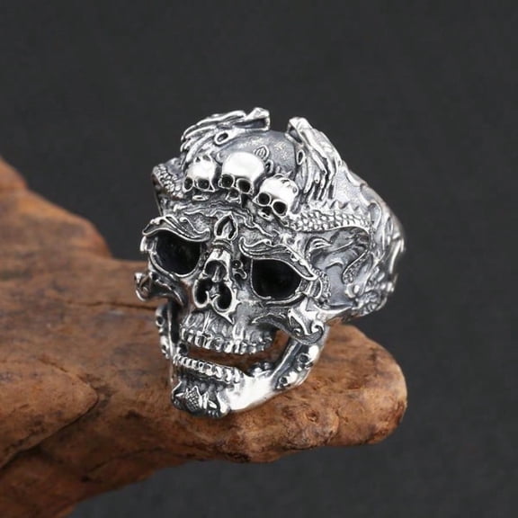 Skull Ring for Men, Norse Viking Dragon Head Ring, Viking Skull Dragon Jewelry Gift for Men mens