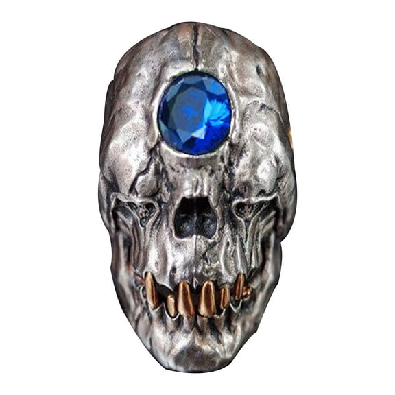 Skull Ring with Blue Gemstone and Gold Teeth