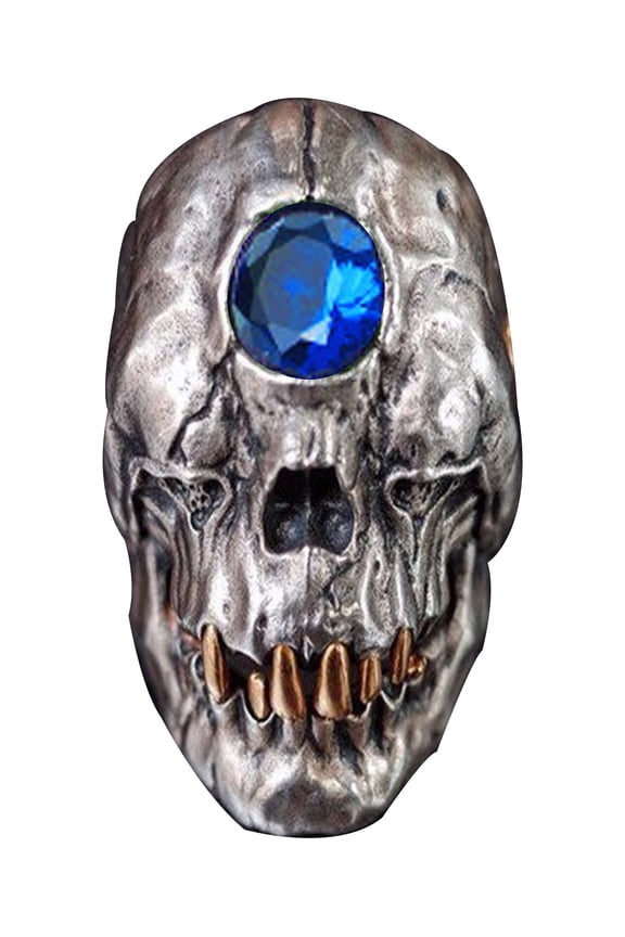 Skull Ring with Blue Gemstone and Gold Teeth