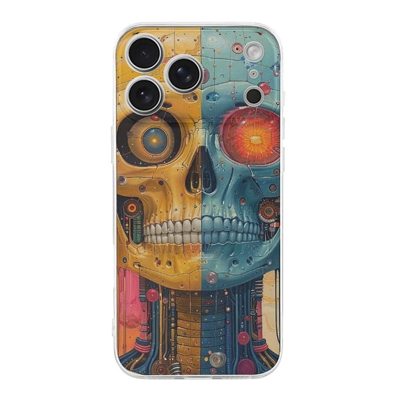 Skull Robot Face Psychedelic Phone Case Compatible with iPhone 17 Pro Max TPU Transparent Shockproof Cover