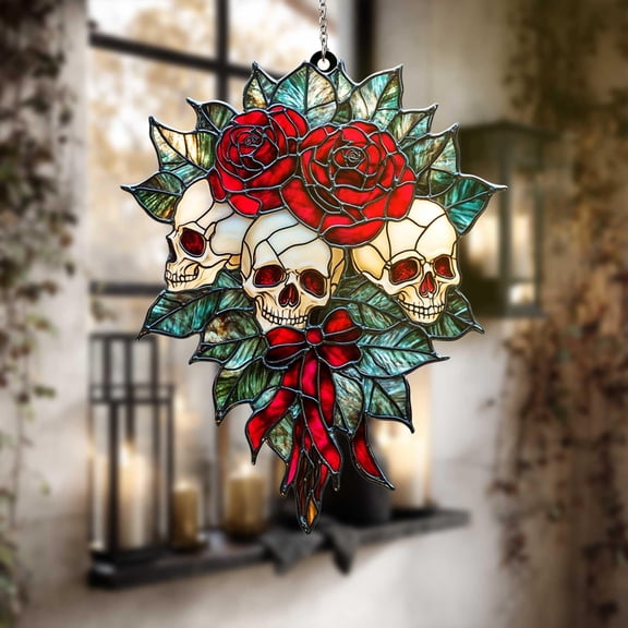 Skull Rose ACRYLIC Suncatcher Gothic Faux Glass Window Hanging with Red Roses, Skulls & Ribbon | Halloween Dark Floral Decor