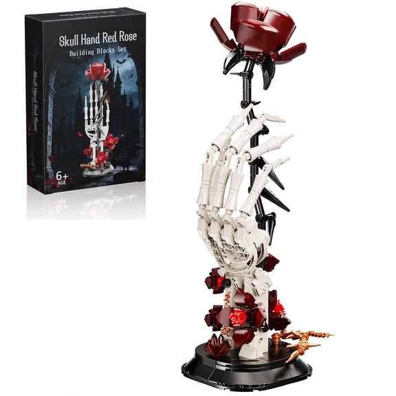 Skull Rose Building Set, Gothic Skull Hand Style Desktop Decorations Ornaments, Dark-Themed Toys, Creative DIY Building Block Gifts
