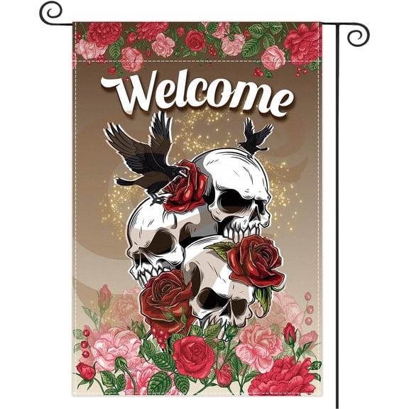 Skull Rose Crow Garden Flag 12x18 Inch Double Sided Outdoor Decorative Skeleton Head Gothic Halloween Yard Decoration