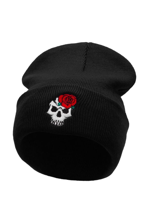 Skull Rose Embroidered 12 Inch Long Knitted Beanie - Black OSFM