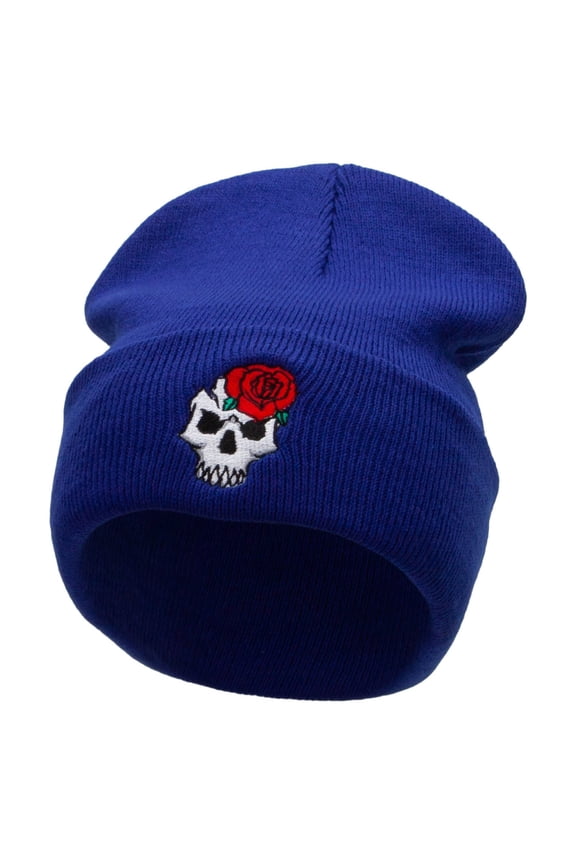 Skull Rose Embroidered 12 Inch Long Knitted Beanie - Royal OSFM