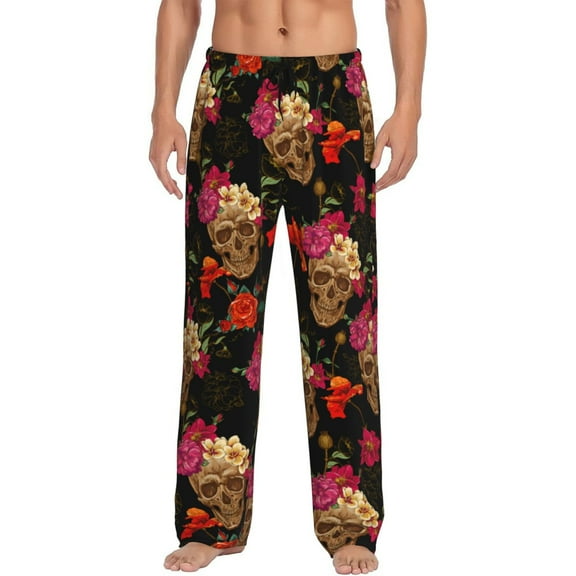 Skull Rose Flower Men'S Pajama Pants Soft Sleep Lounge Pants Pjs Bottoms With Pockets Medium