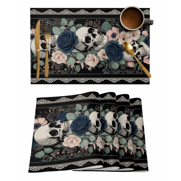 Skull Rose Flowers Placemats Set of 1 Horror Skeleton Navy Flowers Leaves Black Heat Insulation Washable Place Mats, Rustic Non-Slip Table Mats for Dining Table Party Kitchen Decor,13x19 Inch